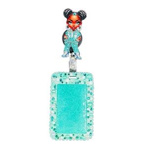 Bling Pearl Fashion Work Name Badge ID Card Holder & Retractable Reel Clip Teal